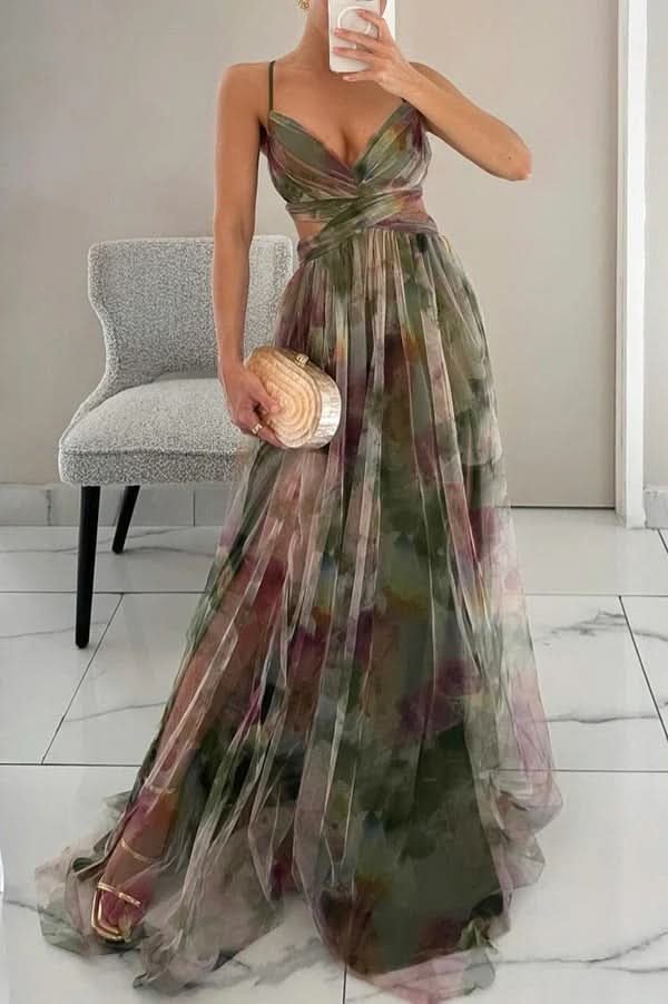 Women's Sleeveless Floral Tulle Maxi Dress