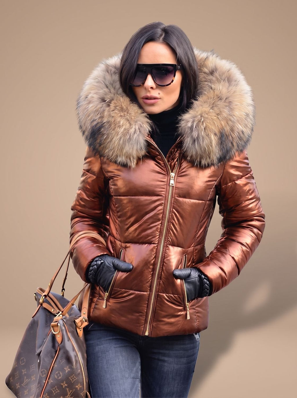 Women's Fitted Zip-Front Puffer with Faux Fur Hood