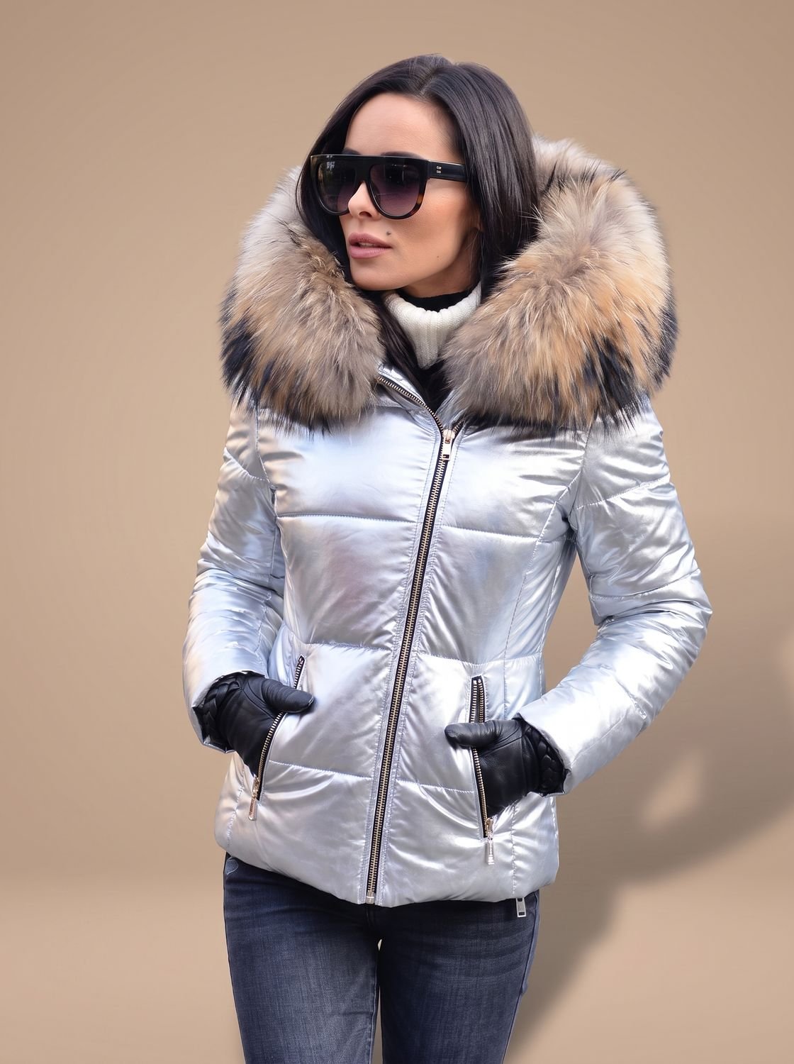 Women's Fitted Zip-Front Puffer with Faux Fur Hood