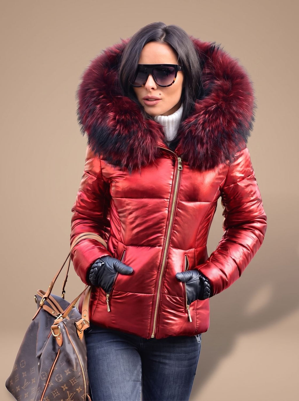 Women's Fitted Zip-Front Puffer with Faux Fur Hood