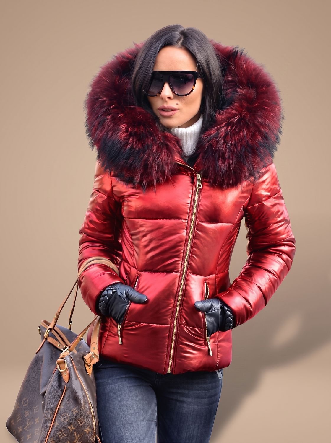 Women's Fitted Zip-Front Puffer with Faux Fur Hood