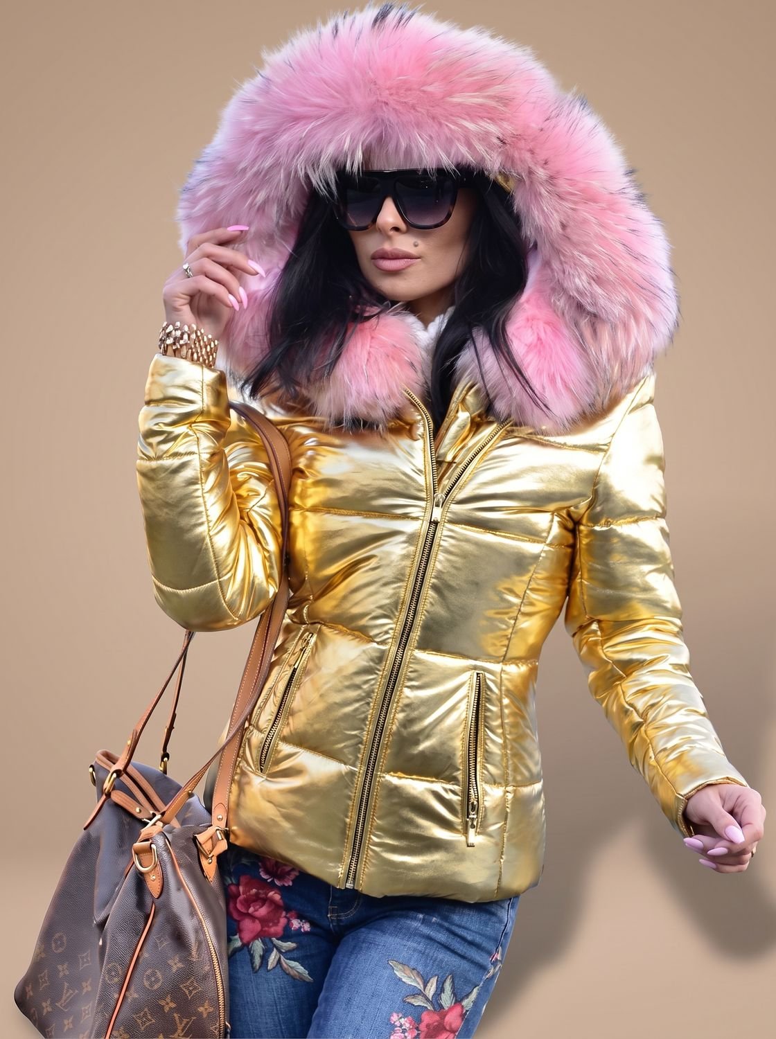 Women's Fitted Zip-Front Puffer with Faux Fur Hood