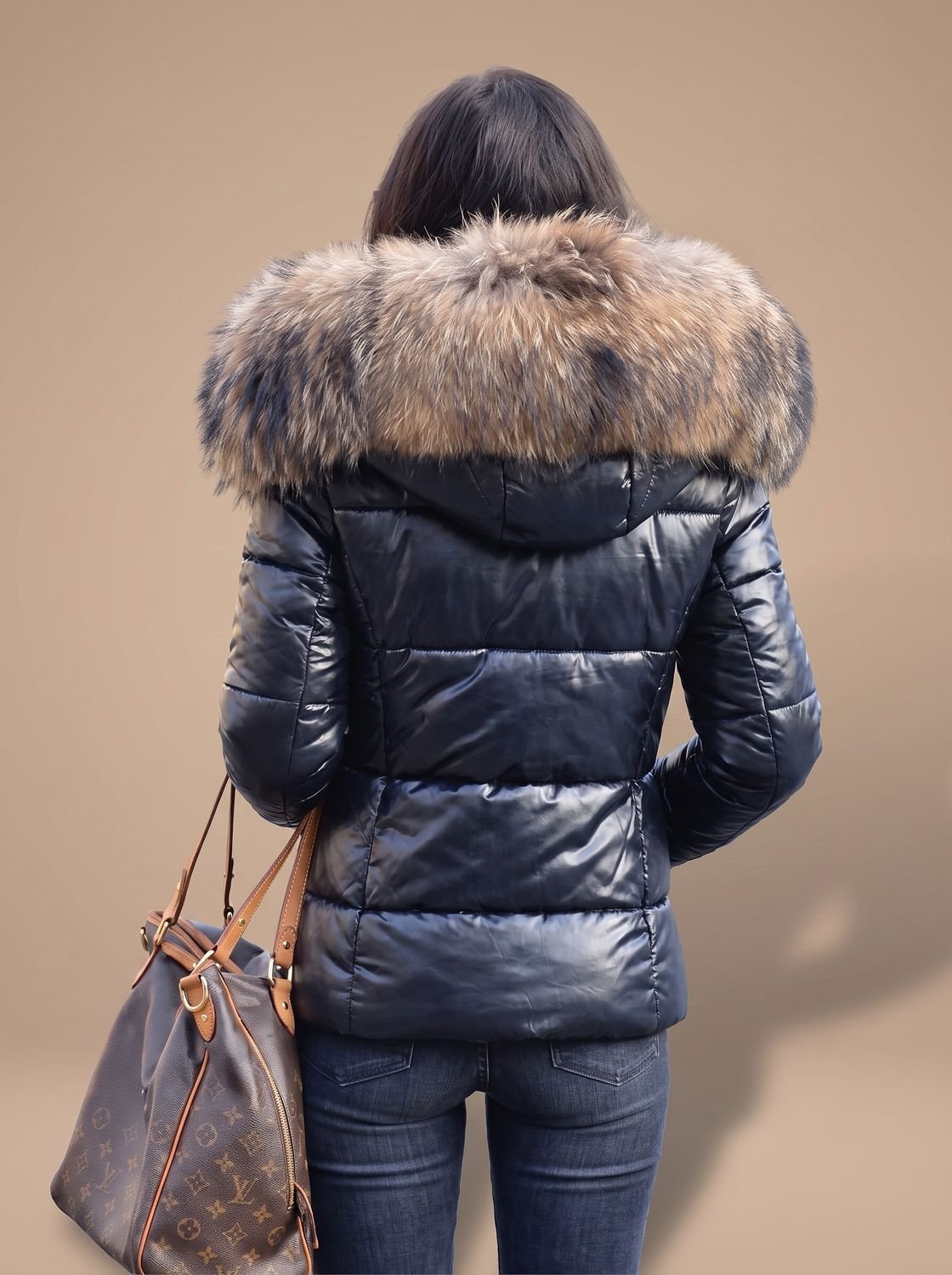Women's Fitted Zip-Front Puffer with Faux Fur Hood