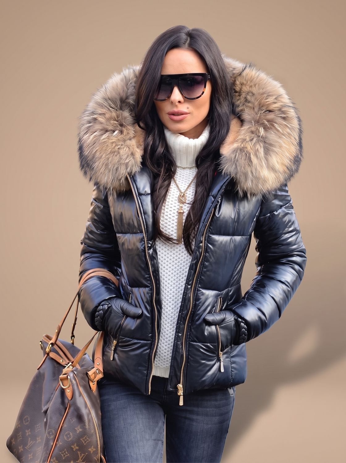 Women's Fitted Zip-Front Puffer with Faux Fur Hood