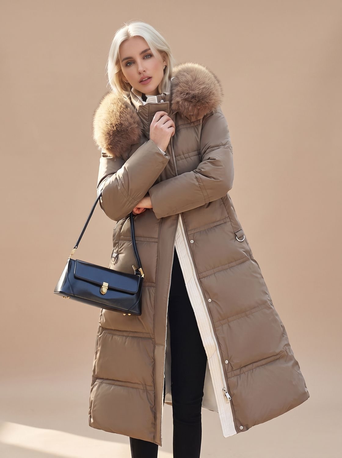 Women's Longline Padded Coat with Faux Fur Hood