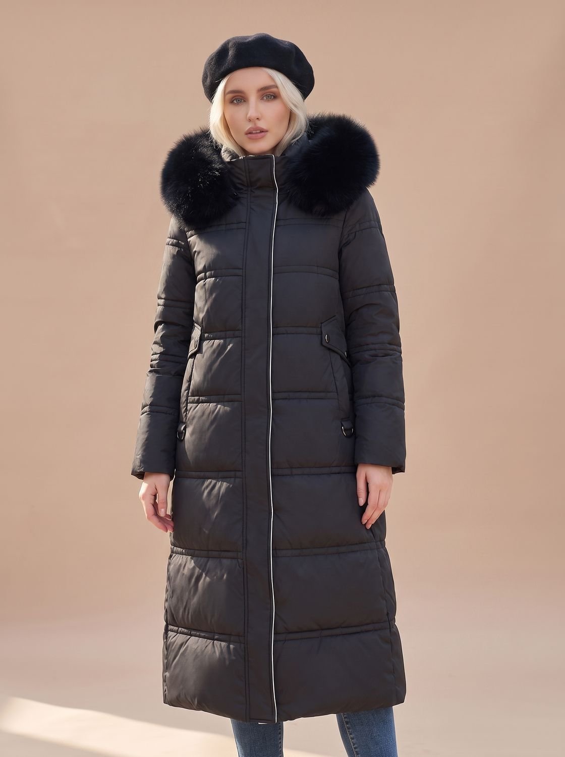 Women's Longline Padded Coat with Faux Fur Hood