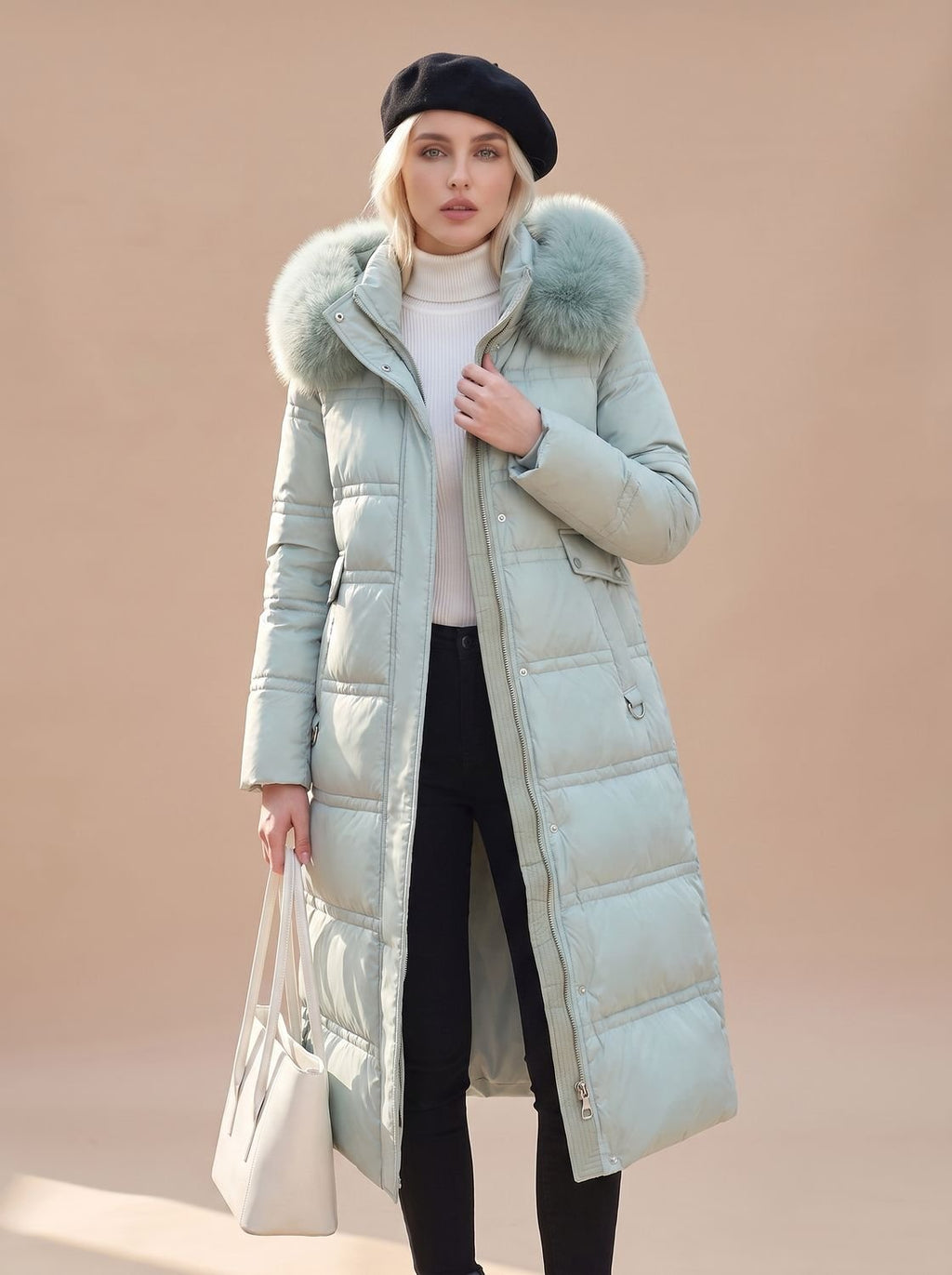Women's Longline Padded Coat with Faux Fur Hood