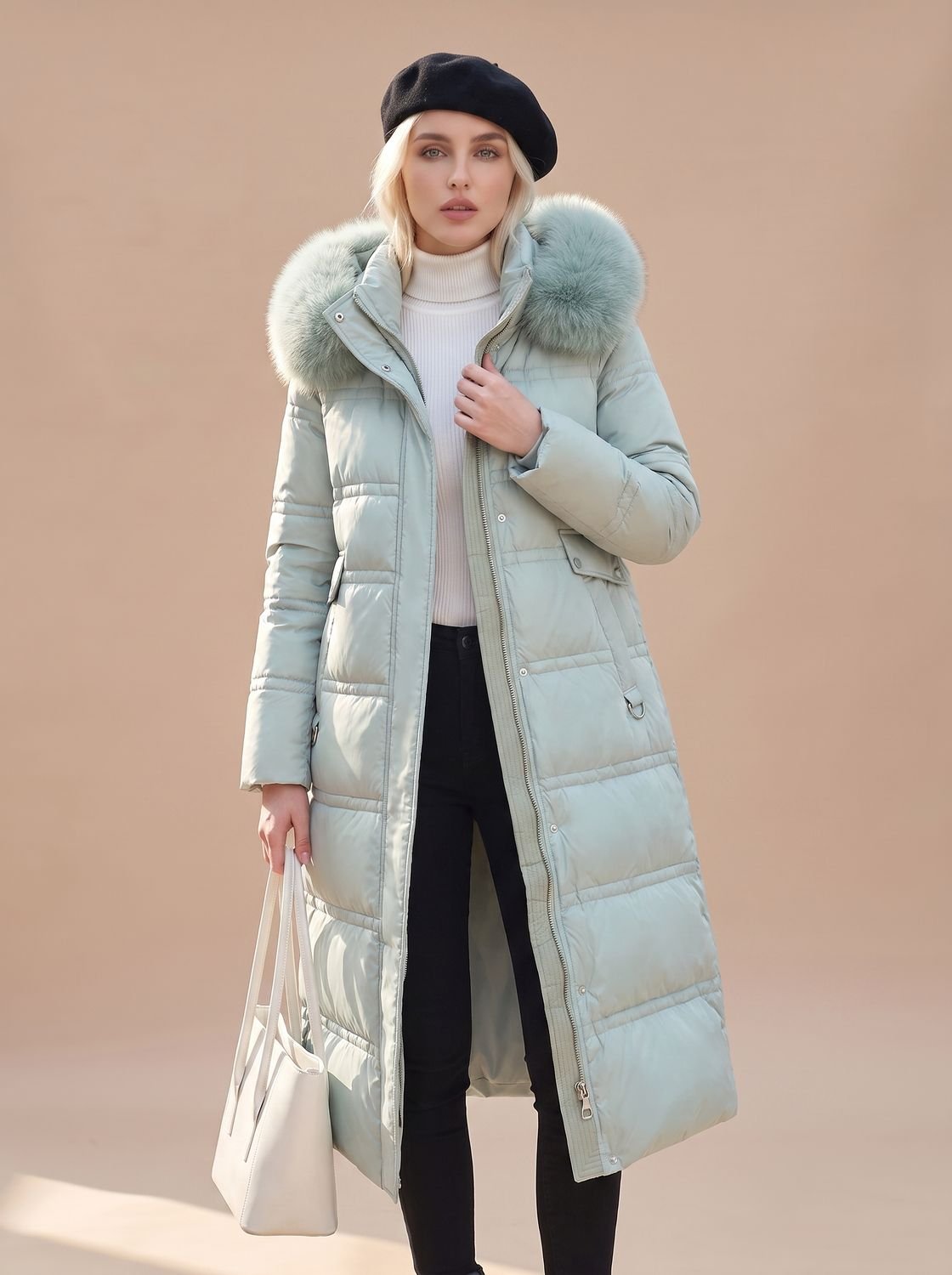 Women's Longline Padded Coat with Faux Fur Hood
