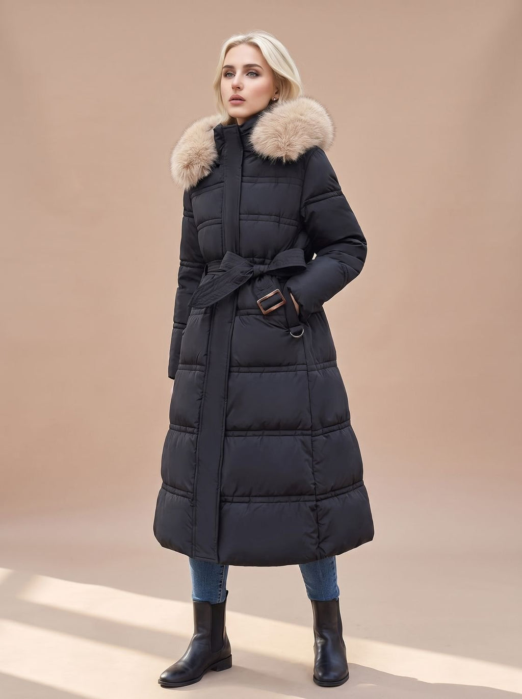 Women's Longline Padded Coat with Faux Fur Hood