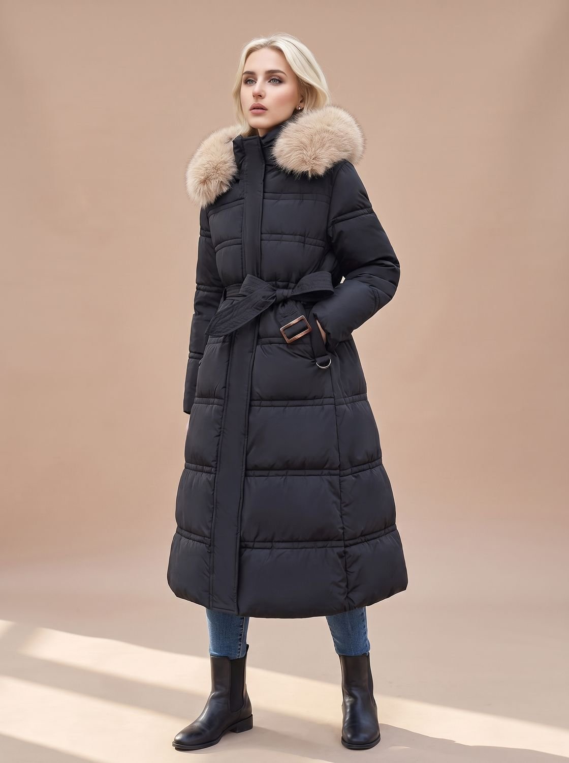 Women's Longline Padded Coat with Faux Fur Hood