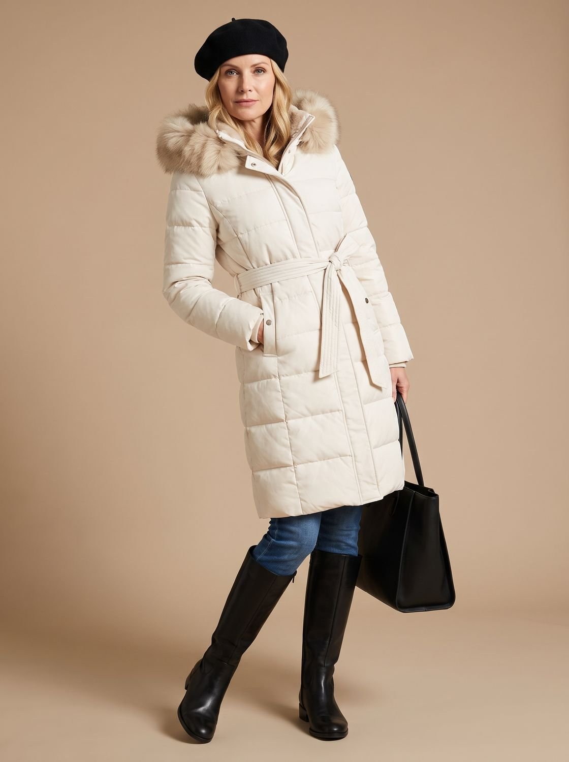 Women's Longline Padded Coat with Faux Fur Hood