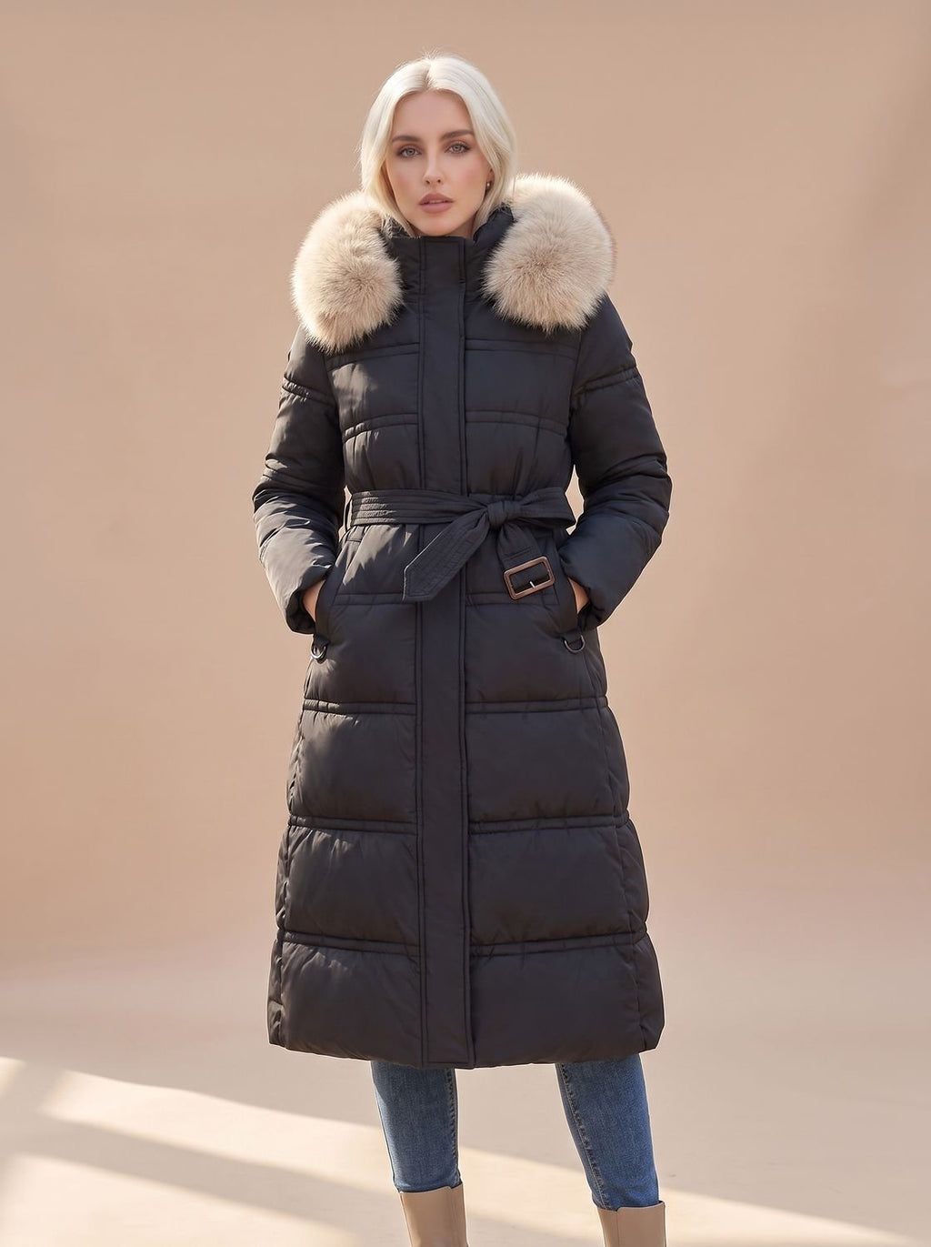 Women's Longline Padded Coat with Faux Fur Hood