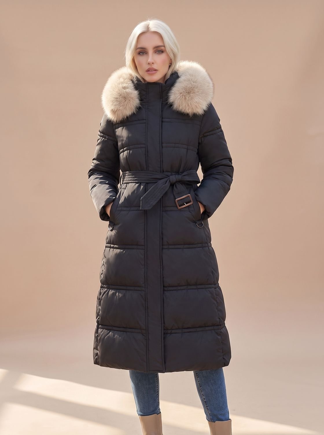 Women's Longline Padded Coat with Faux Fur Hood