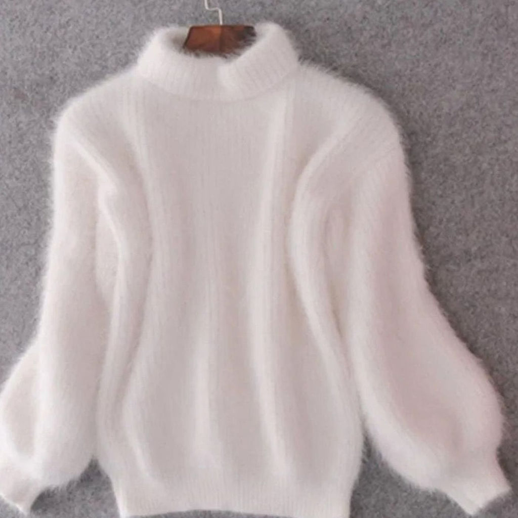 Women's Loose-Knit Fuzzy Angora Polo Neck Pullover