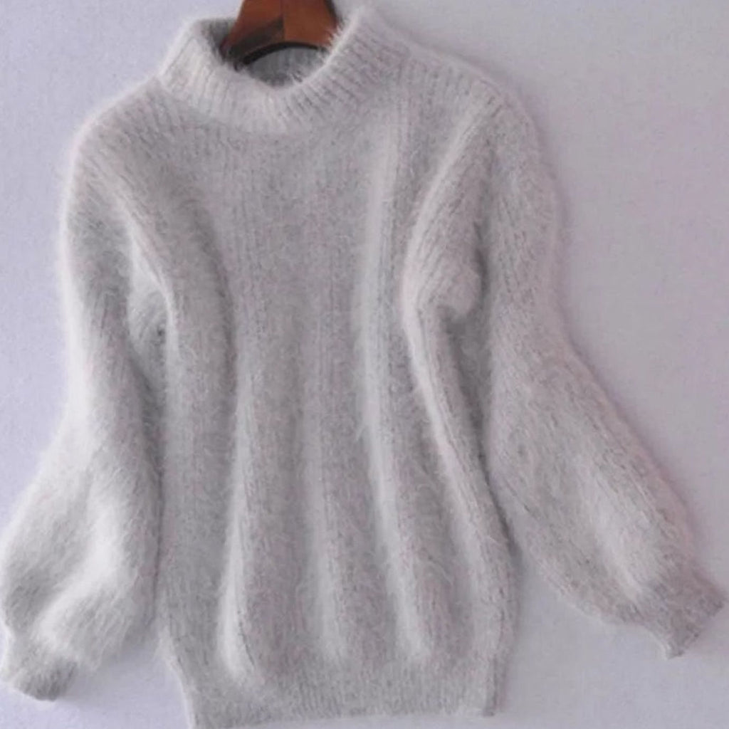 Women's Loose-Knit Fuzzy Angora Polo Neck Pullover