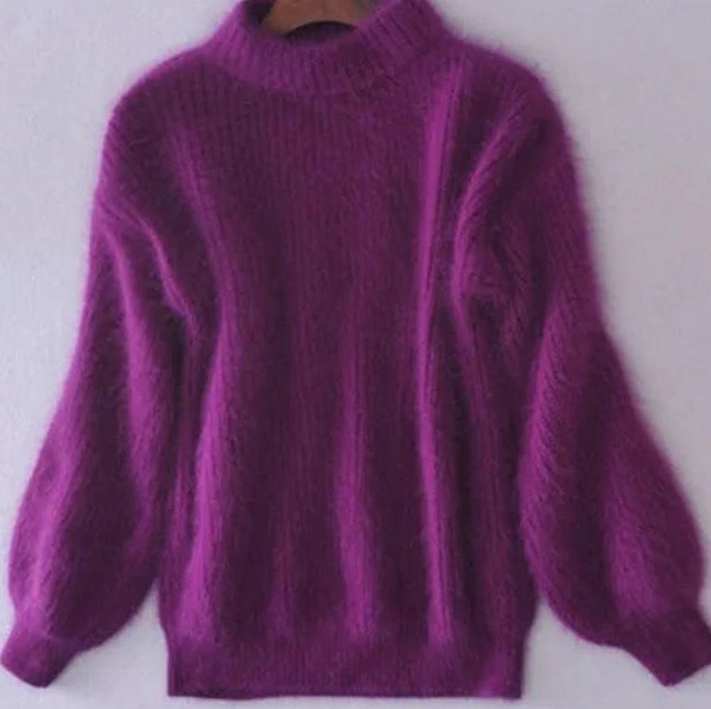 Women's Loose-Knit Fuzzy Angora Polo Neck Pullover