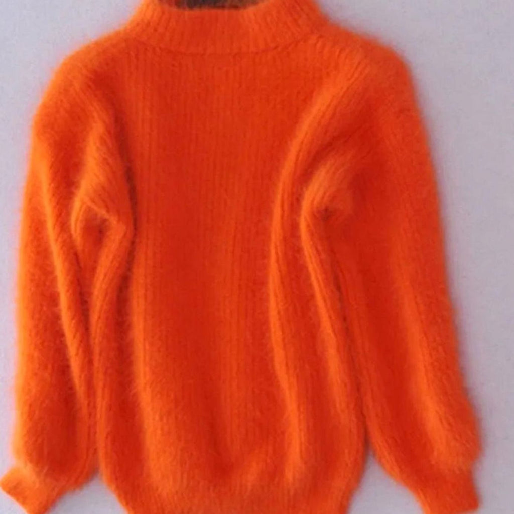 Women's Loose-Knit Fuzzy Angora Polo Neck Pullover