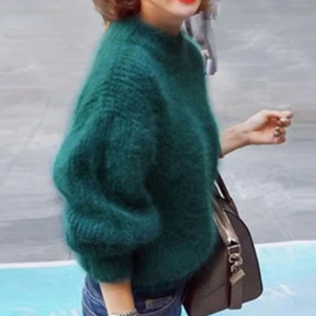 Women's Loose-Knit Fuzzy Angora Polo Neck Pullover