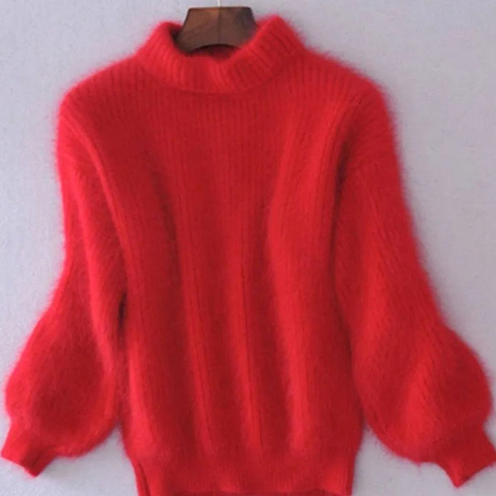 Women's Loose-Knit Fuzzy Angora Polo Neck Pullover