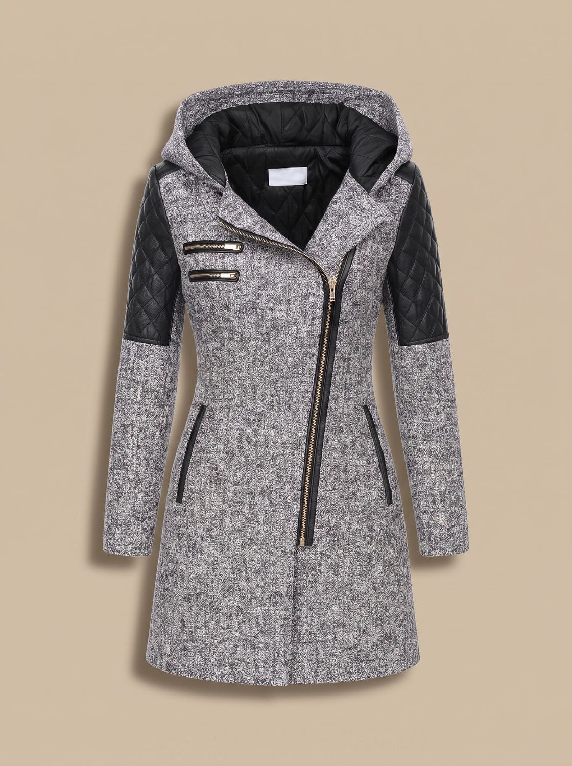 Women's Asymmetric-Zip Quilted-Panel Hooded Coat
