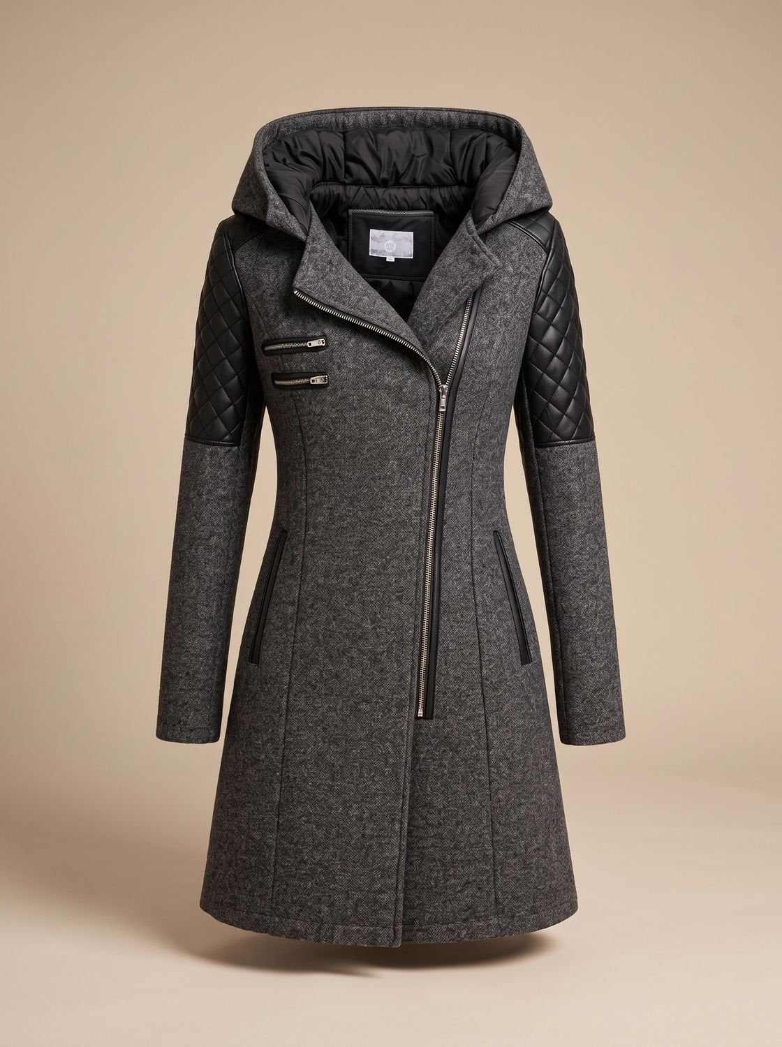 Women's Asymmetric-Zip Quilted-Panel Hooded Coat