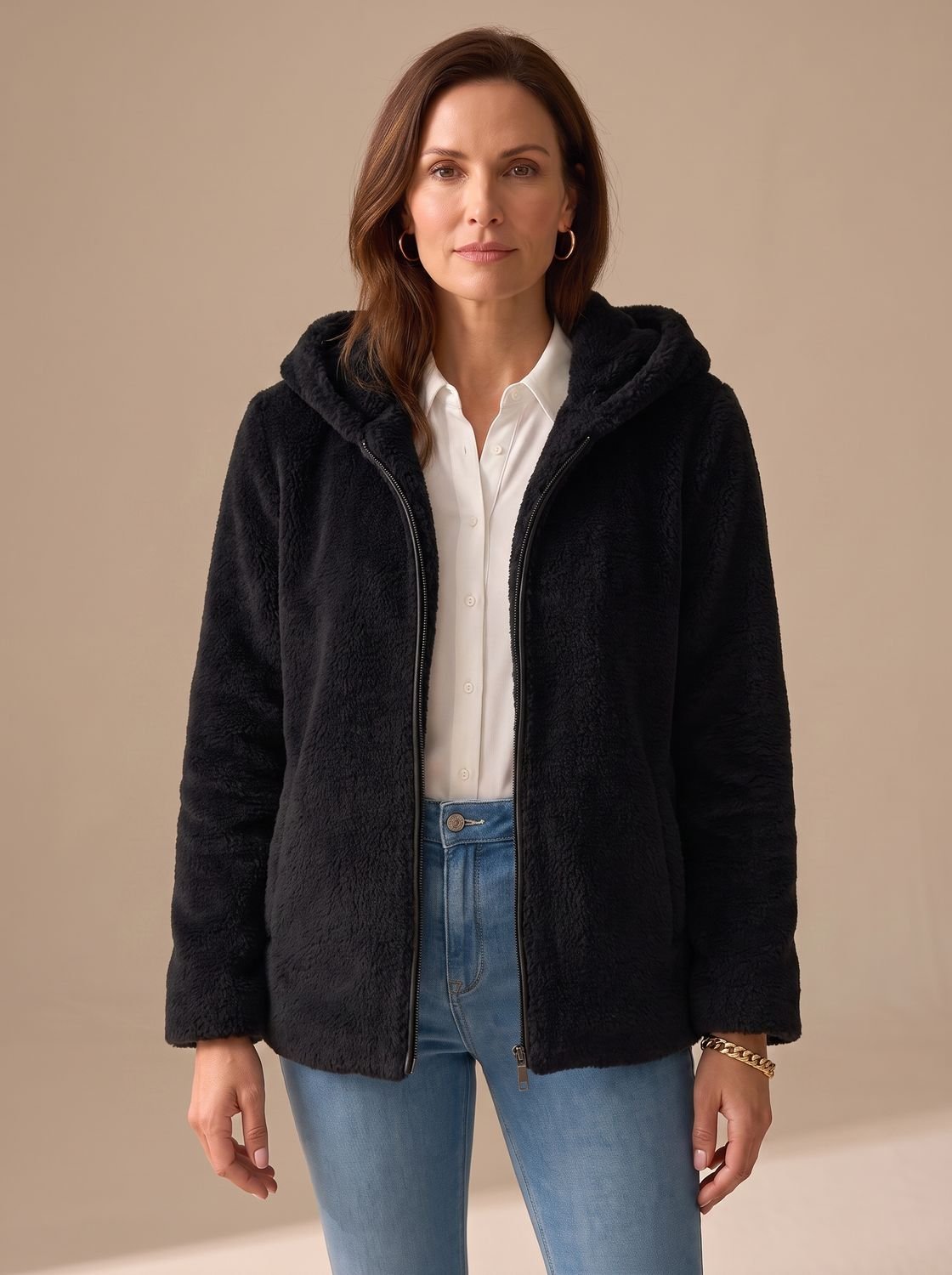 Women's Zip-Through Hooded Teddy Fleece Coat