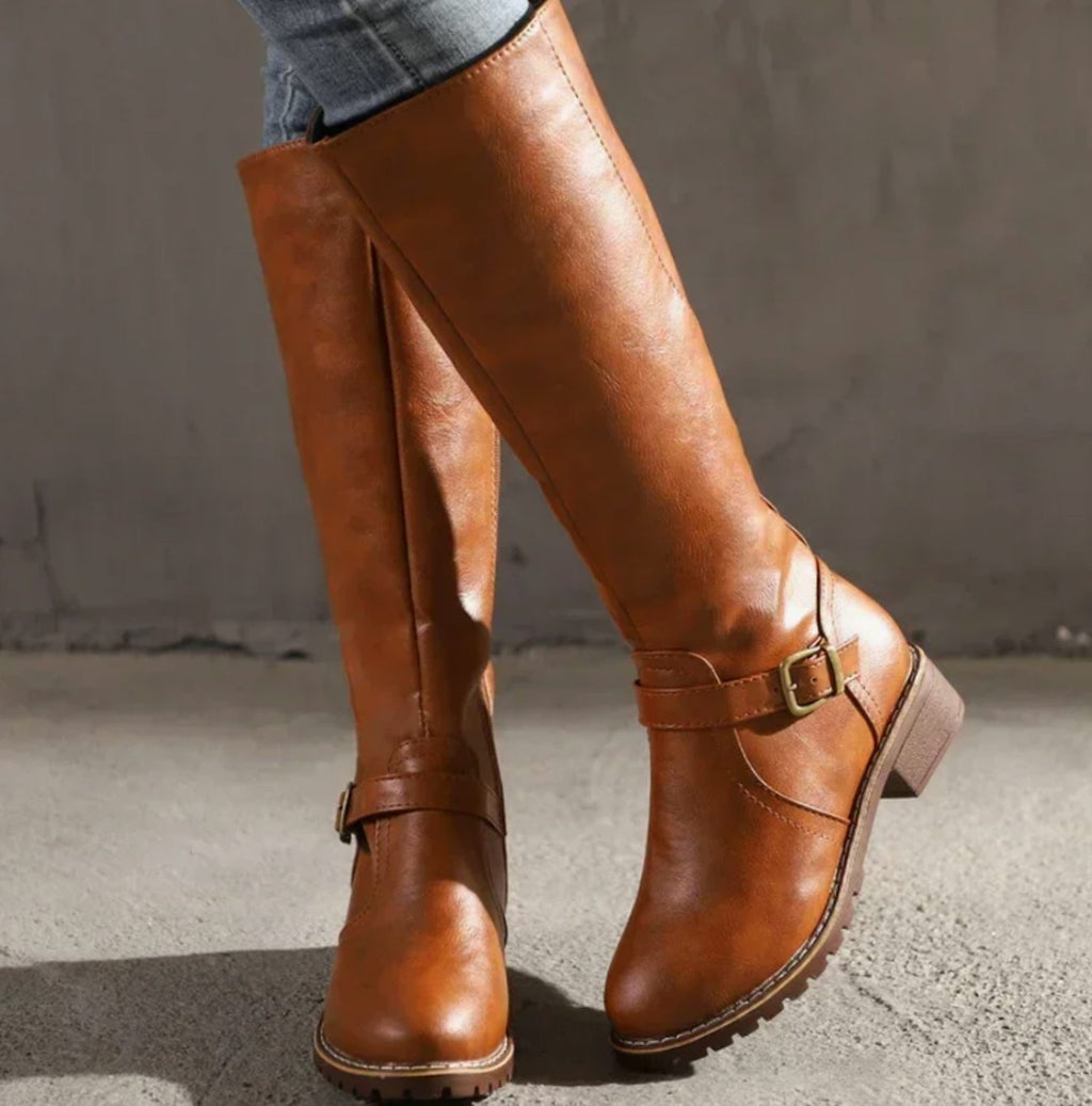 Women's Leather Buckle-Strap Knee-High Riding Boots