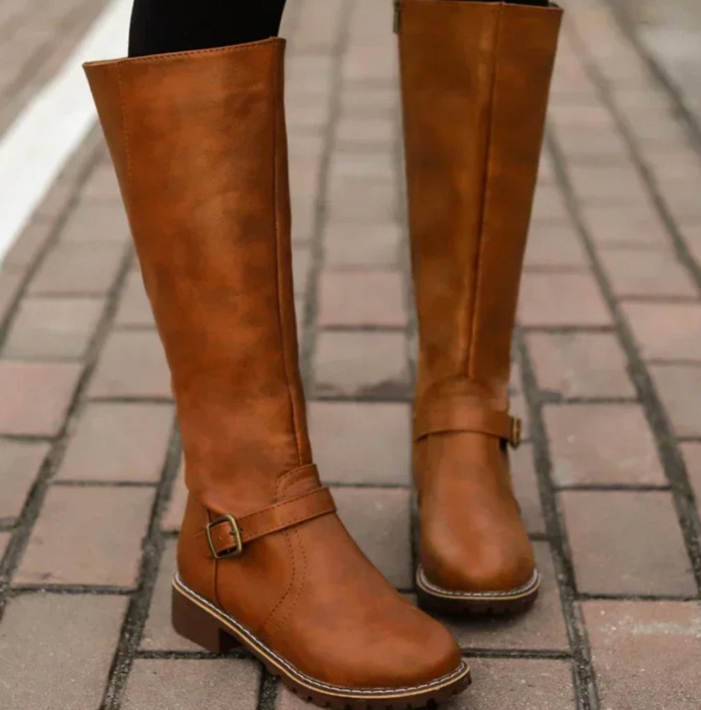 Women's Leather Buckle-Strap Knee-High Riding Boots