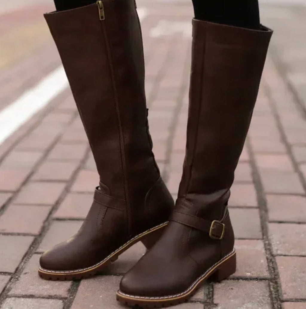 Women's Leather Buckle-Strap Knee-High Riding Boots
