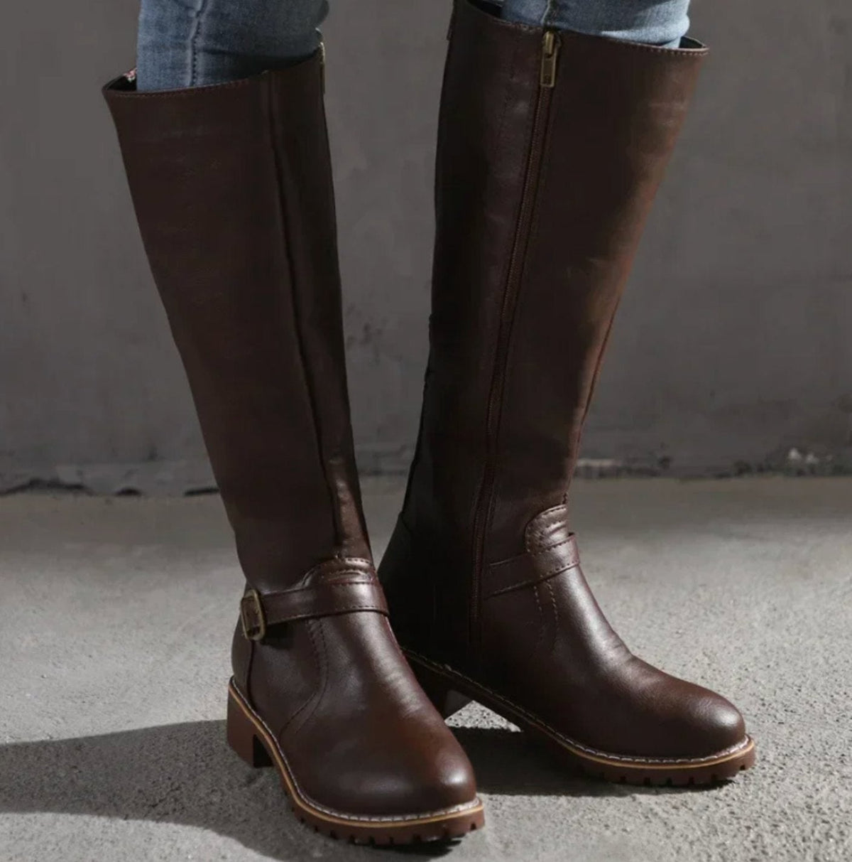 Women's Leather Buckle-Strap Knee-High Riding Boots