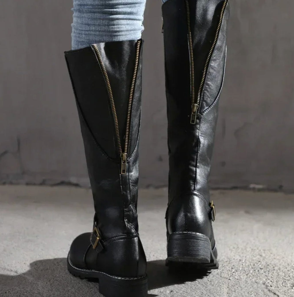 Women's Leather Buckle-Strap Knee-High Riding Boots