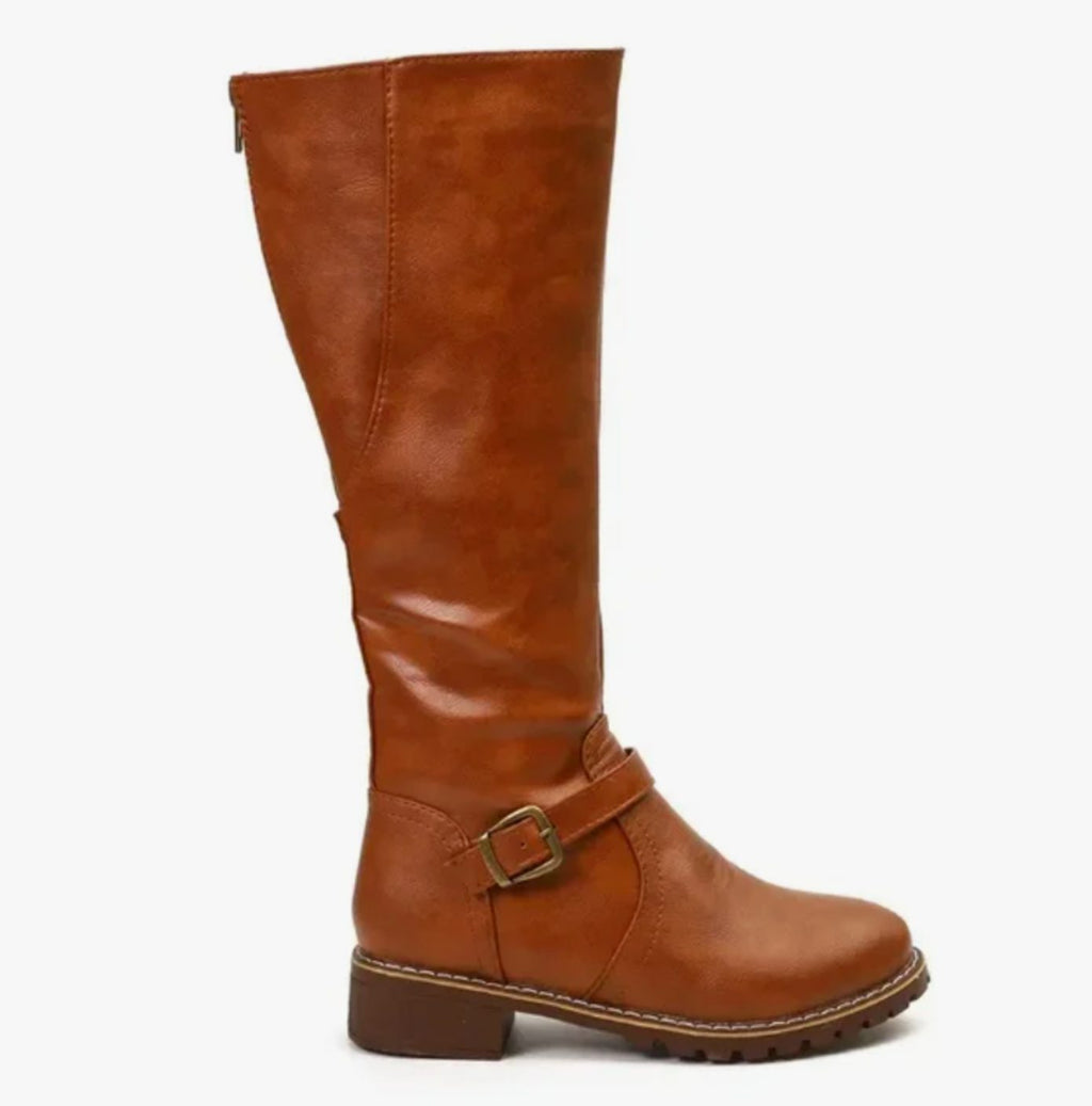 Women's Leather Buckle-Strap Knee-High Riding Boots