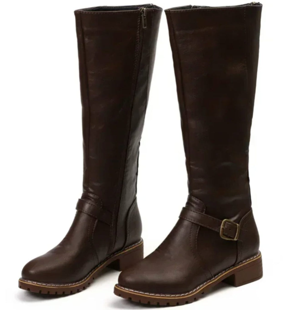 Women's Leather Buckle-Strap Knee-High Riding Boots