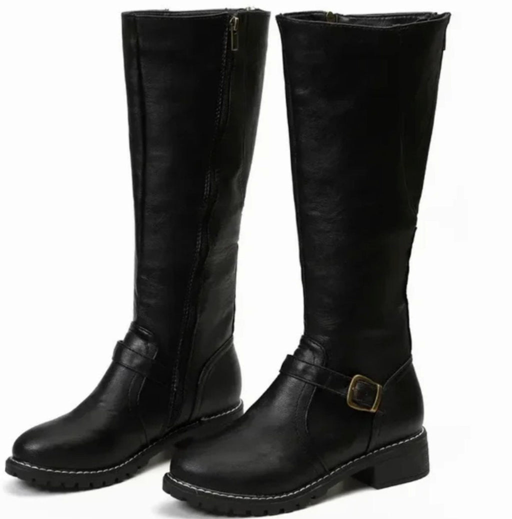 Women's Leather Buckle-Strap Knee-High Riding Boots