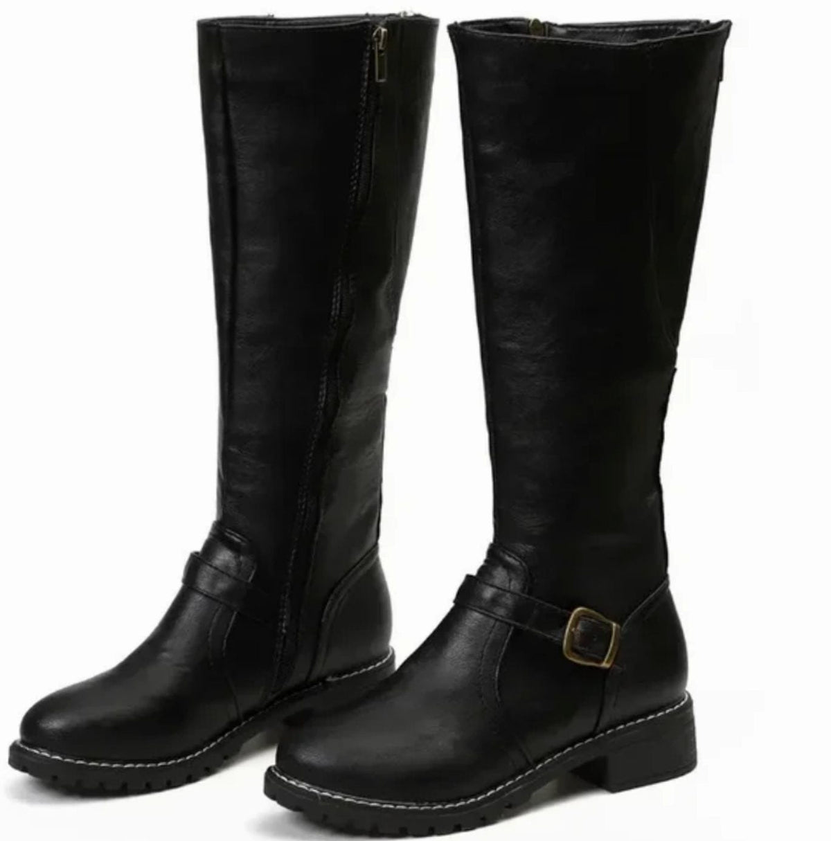 Women's Leather Buckle-Strap Knee-High Riding Boots