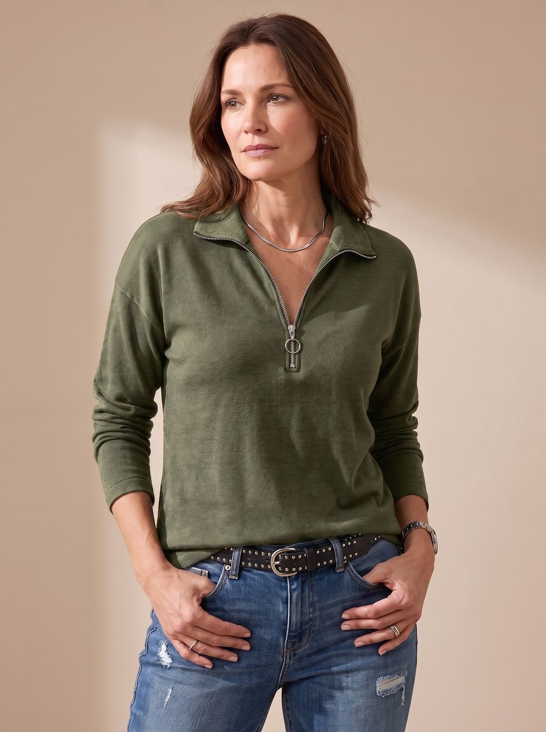 Women's Lapel Collar Half-Zip Knitted Pullover