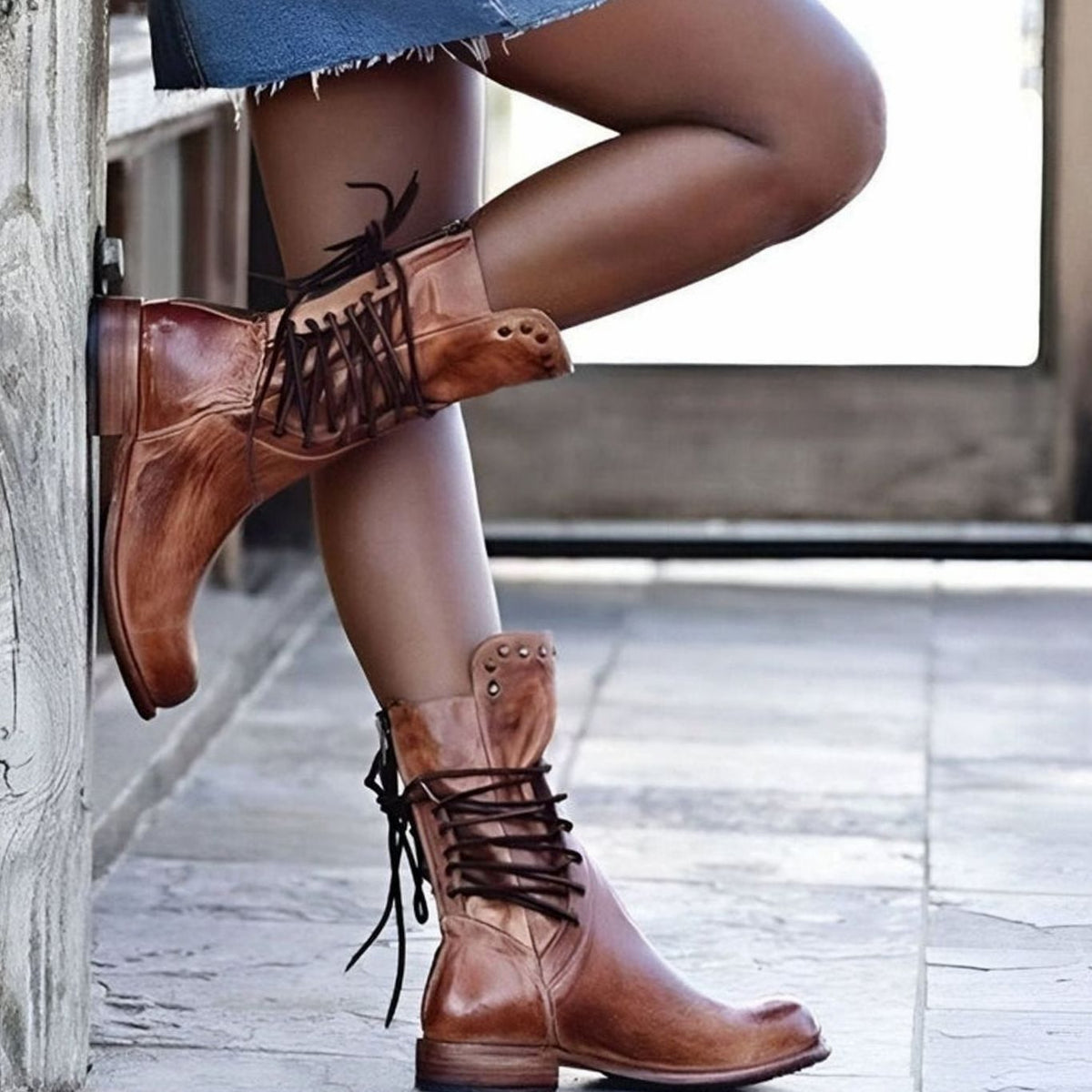 Women's Leather-Look Lace-Up Western Ankle Boots