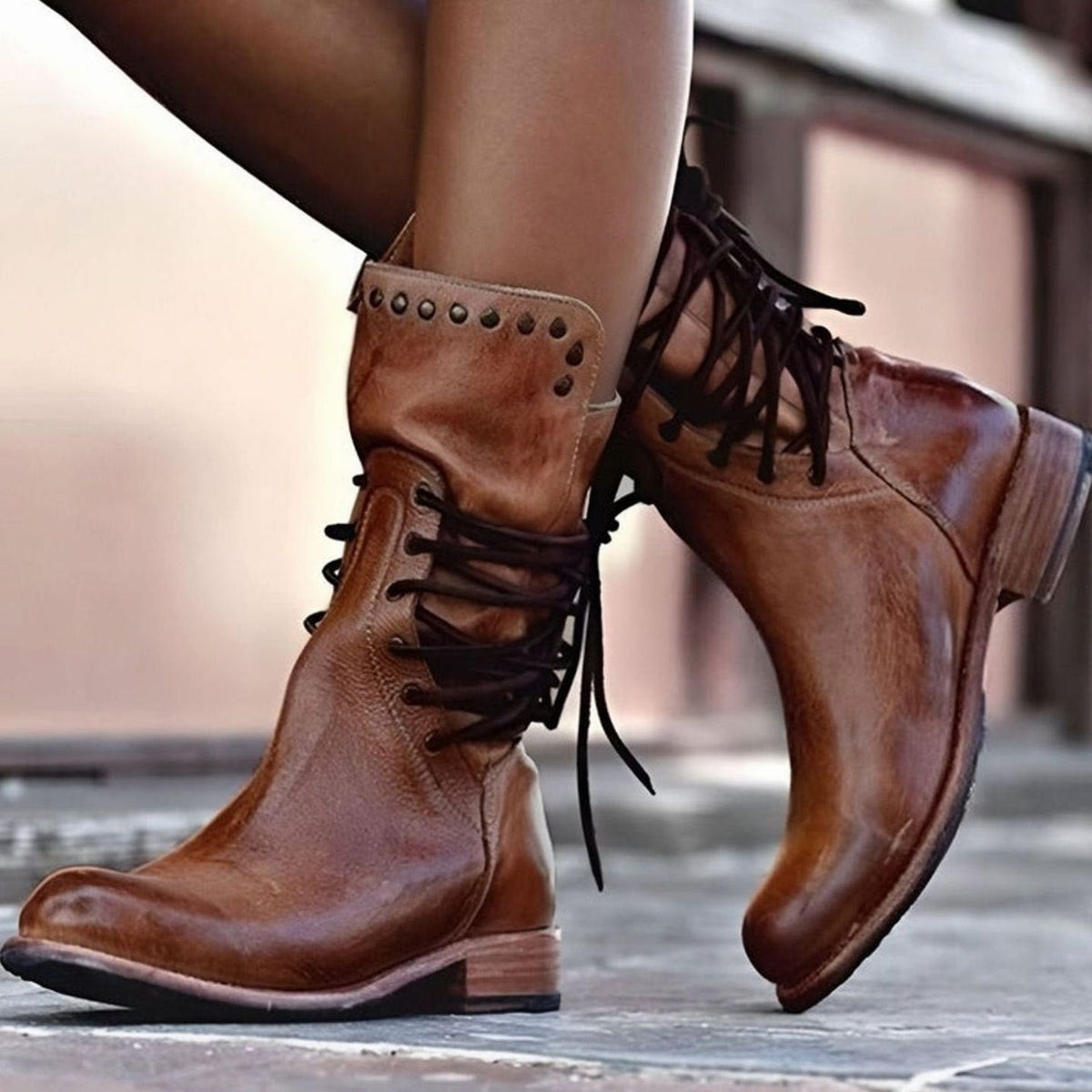 Women's Leather-Look Lace-Up Western Ankle Boots