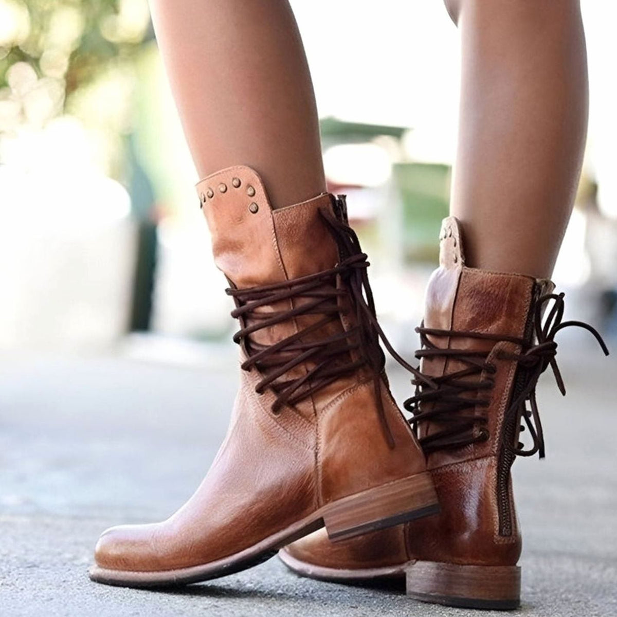 Women's Leather-Look Lace-Up Western Ankle Boots