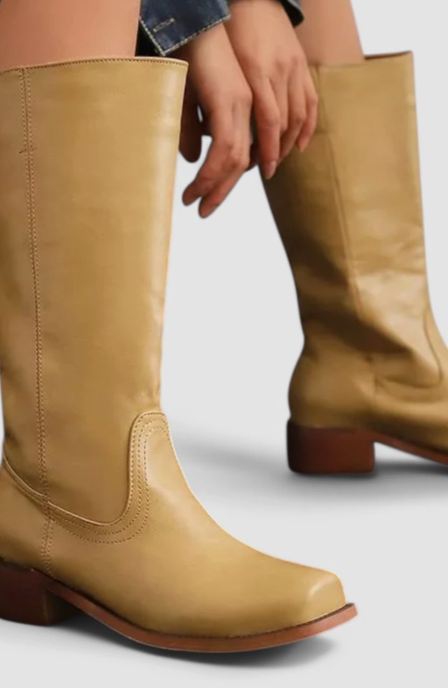 Women's Knee-High Leather Boots with Stacked Heel
