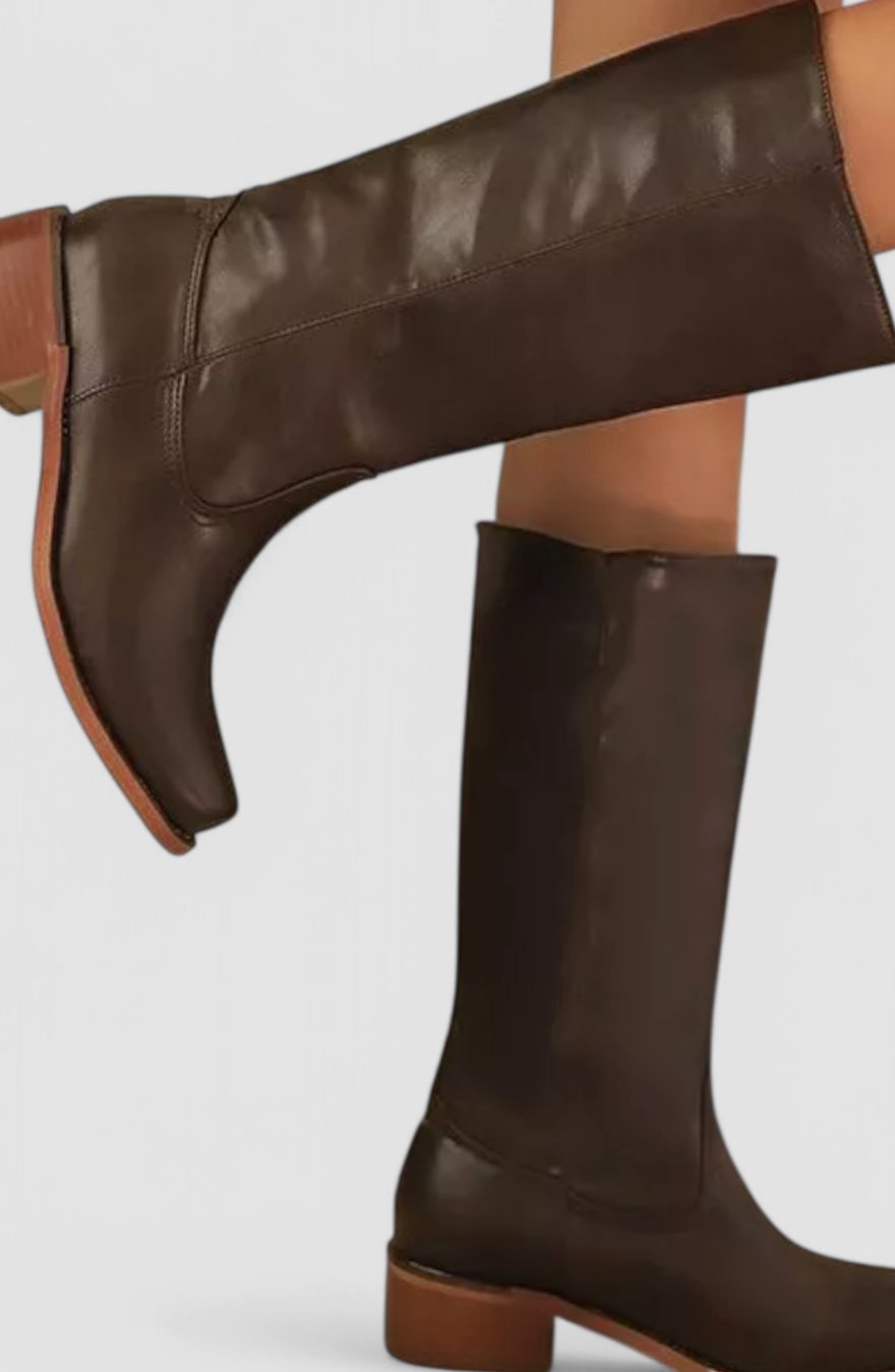 Women's Knee-High Leather Boots with Stacked Heel