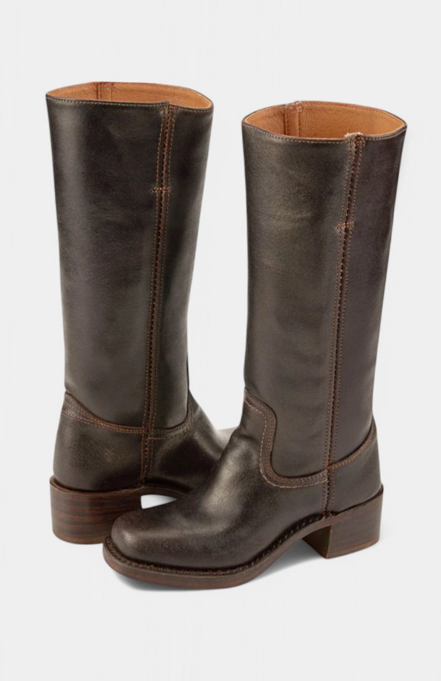 Women's Knee-High Leather Boots with Stacked Heel