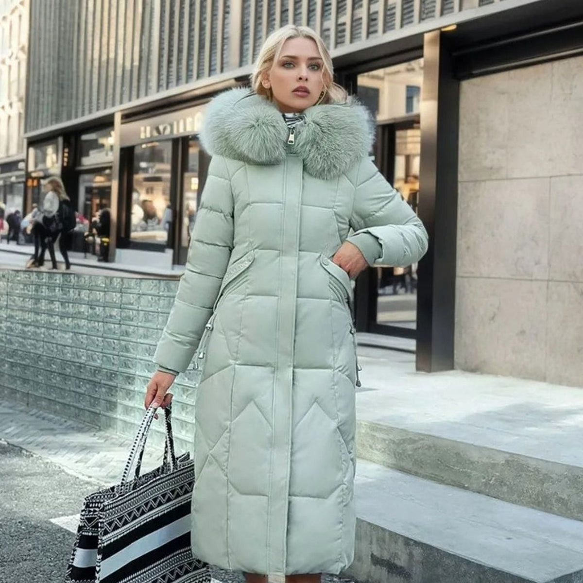 Women's Faux Fur Trim Longline Hooded Puffer Coat