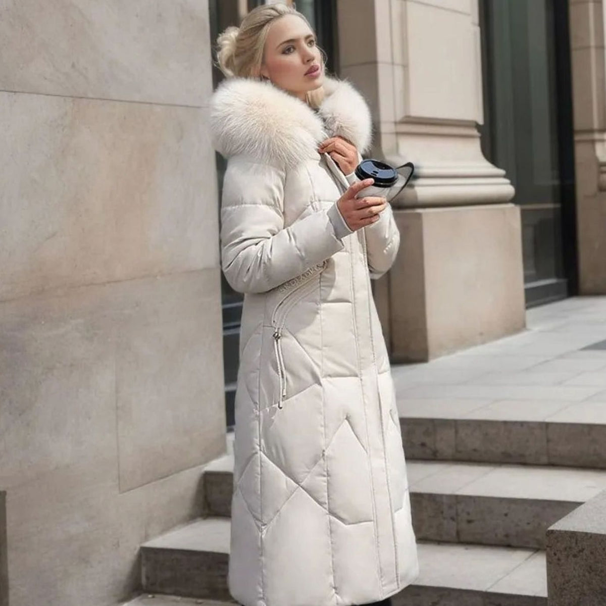 Women's Faux Fur Trim Longline Hooded Puffer Coat