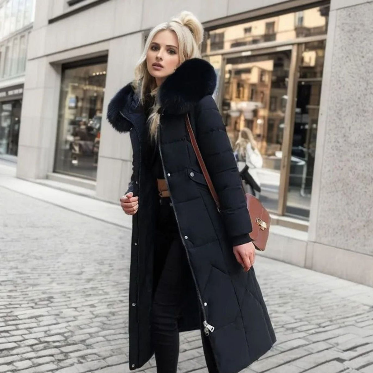 Women's Faux Fur Trim Longline Hooded Puffer Coat