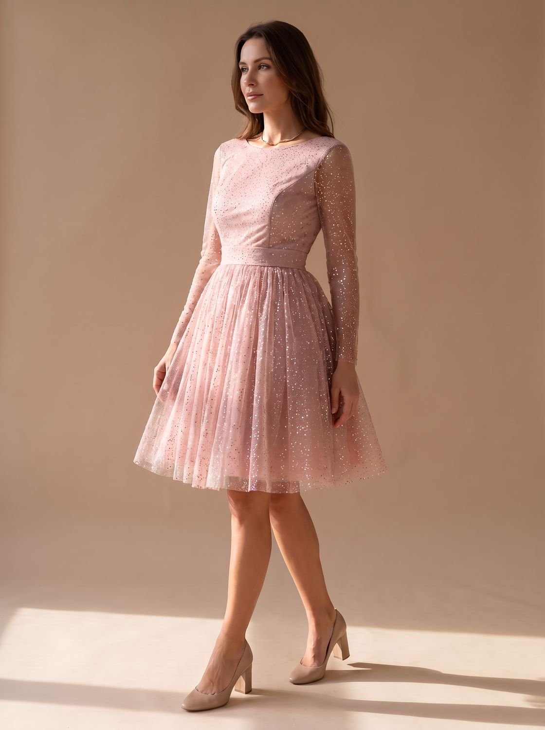 Women's Glitter Tulle Long-Sleeve A-Line Dress