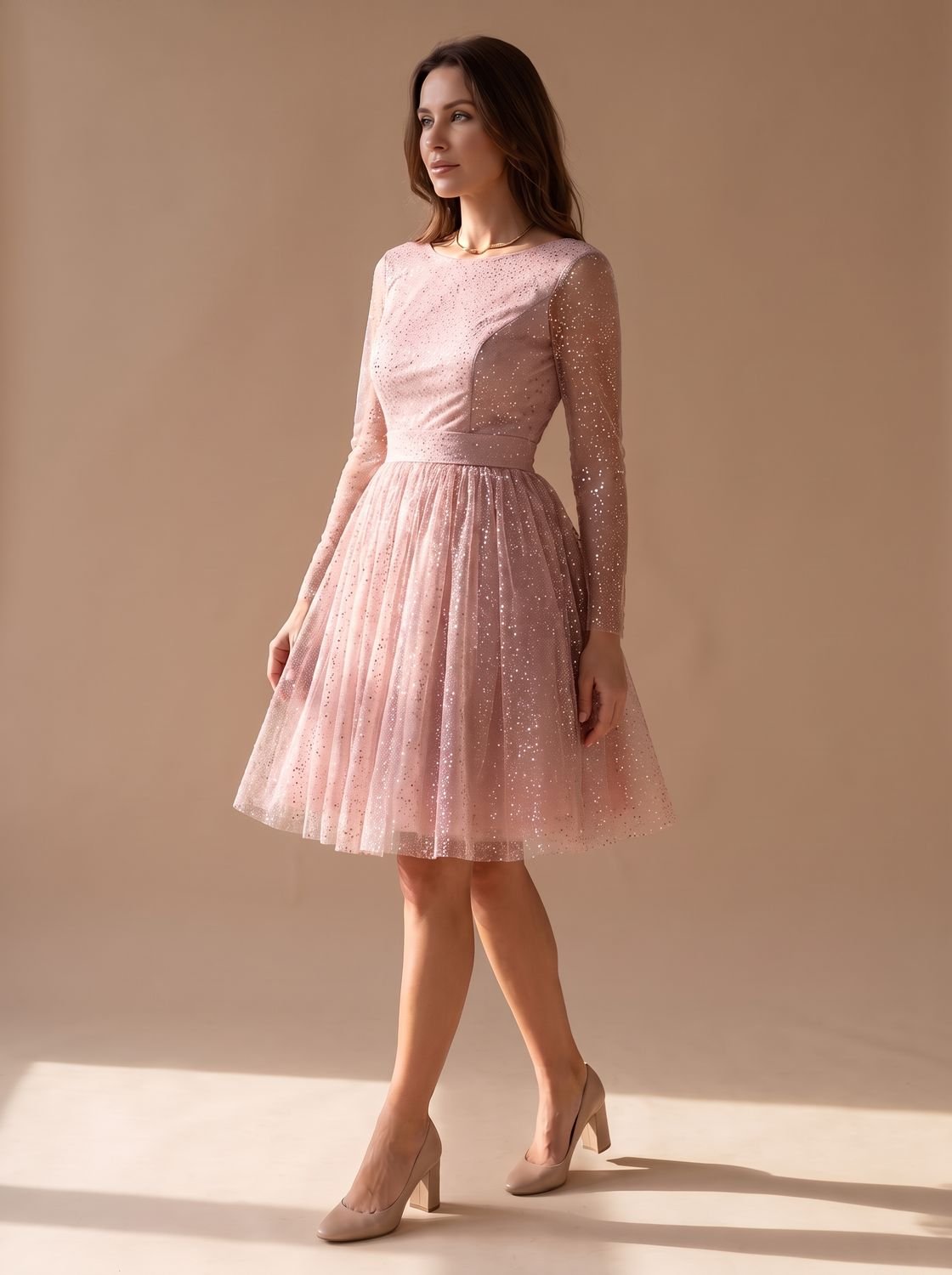 Women's Glitter Tulle Long-Sleeve A-Line Dress