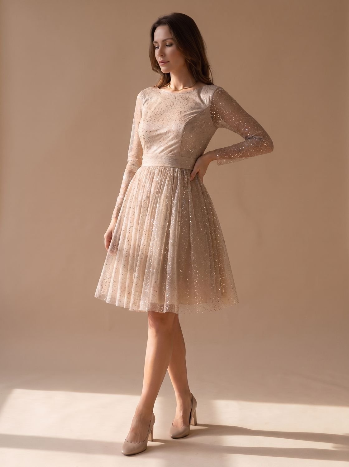 Women's Glitter Tulle Long-Sleeve A-Line Dress