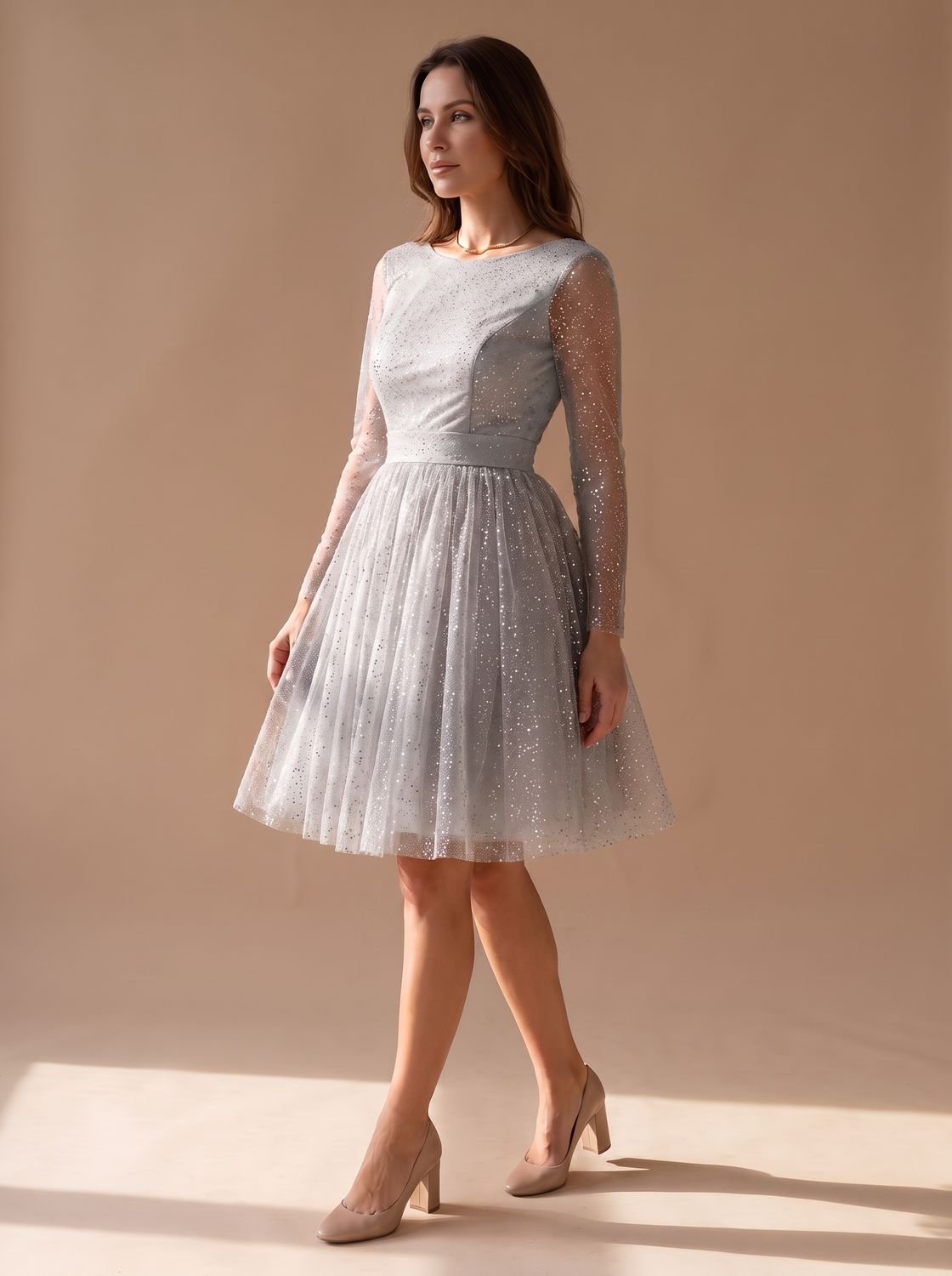 Women's Glitter Tulle Long-Sleeve A-Line Dress