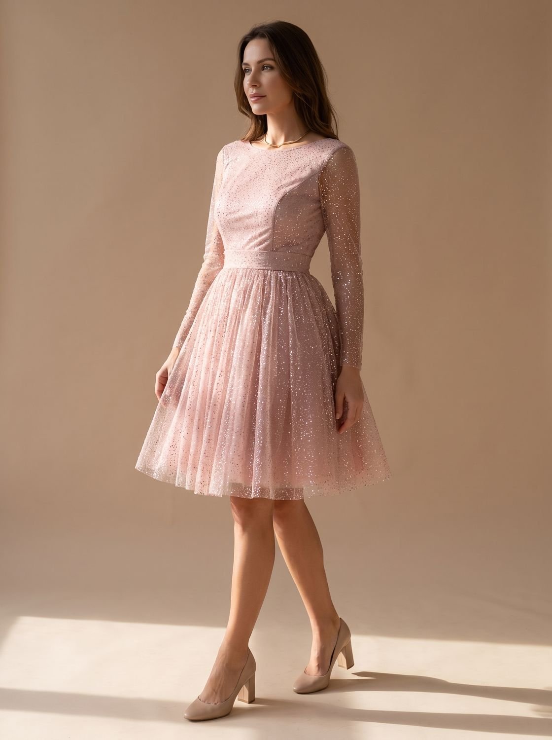 Women's Glitter Tulle Long-Sleeve A-Line Dress